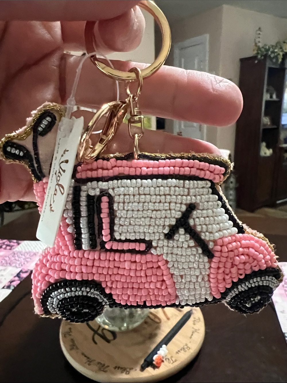 New VIOLA GOLFCART Beaded Pink Scooter Keychain Charm -